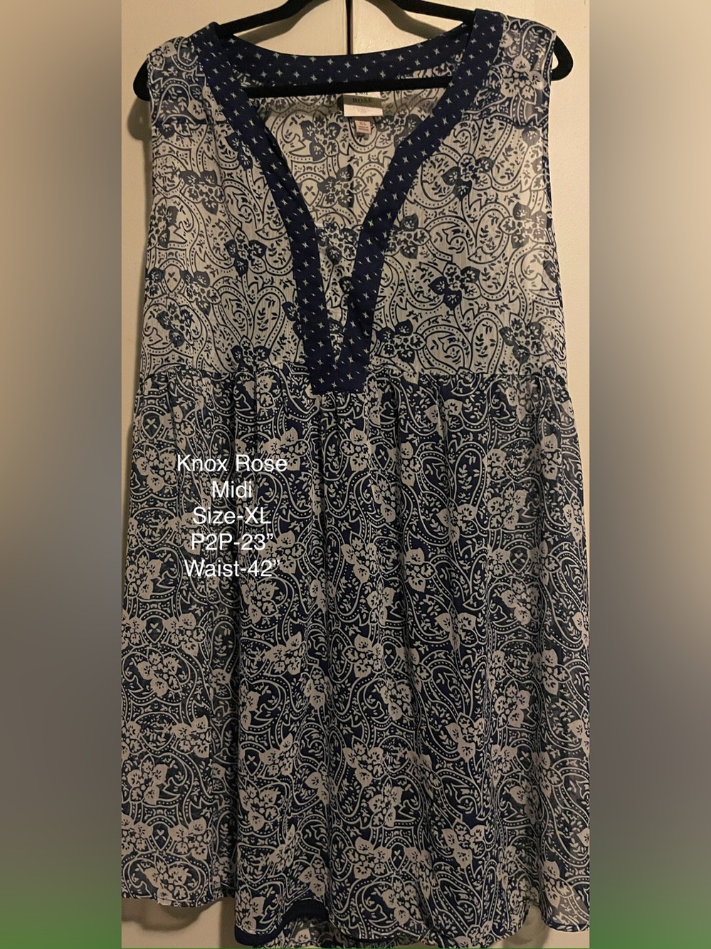 Knox Rose Navy and White Paisley Midi Dress with V-Neck Trim